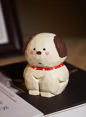 胖狗狗手工木雕小摆件可爱木质雕刻治愈系动物书桌台面装饰小礼物