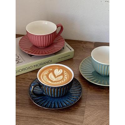 陶瓷咖啡杯300ml欧式复古手工拉花杯碟套装女拿铁杯粗陶手冲杯子