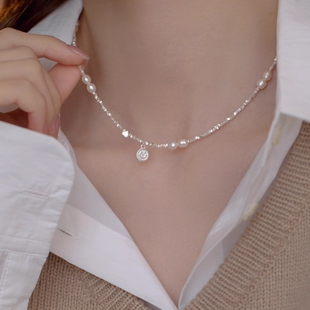 仿珍珠爱心碎银项链女2025新款爆款轻奢小众高级感简约百搭锁骨链