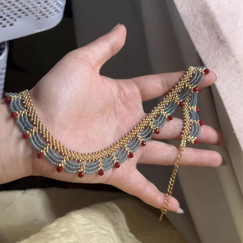 新中式多层蕾丝红蓝撞色串珠项链