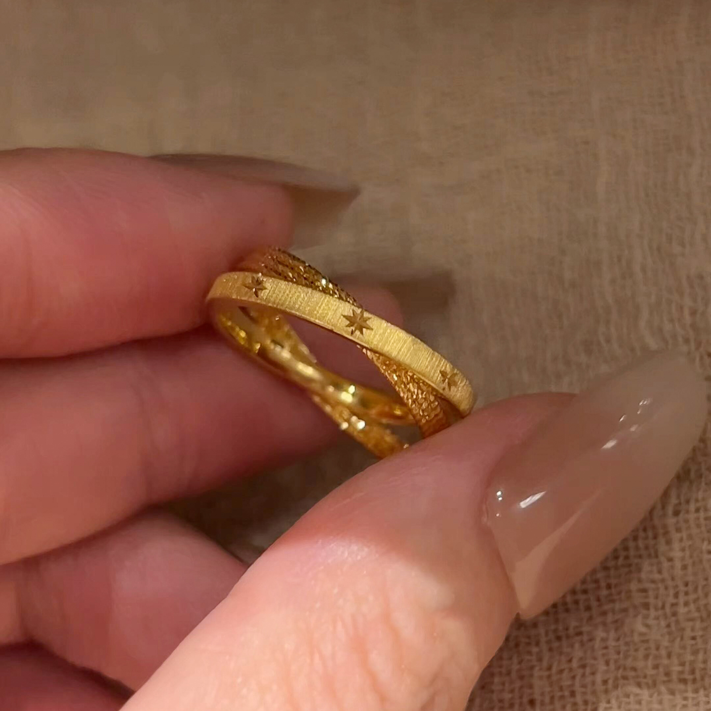 金色拉丝双层交叉星芒戒指女小众