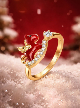 新中式红色幸运镶钻小飞马戒指女