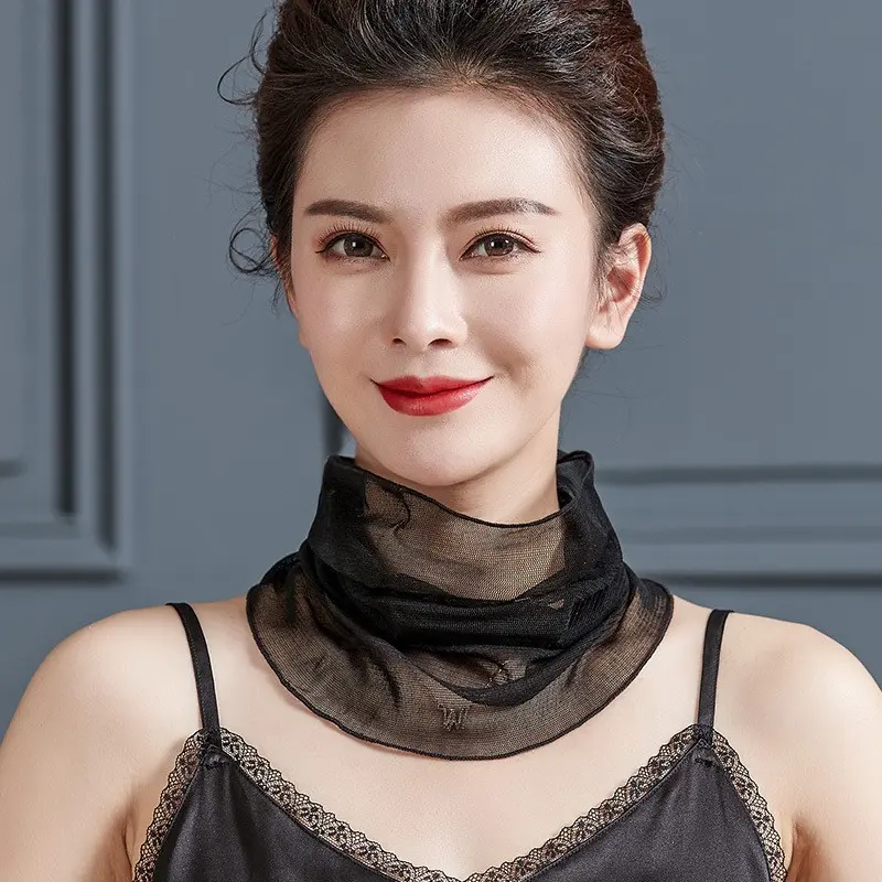 夏季防晒真丝网眼小丝巾纯色脖套100%桑蚕丝围脖女士套头网纱围