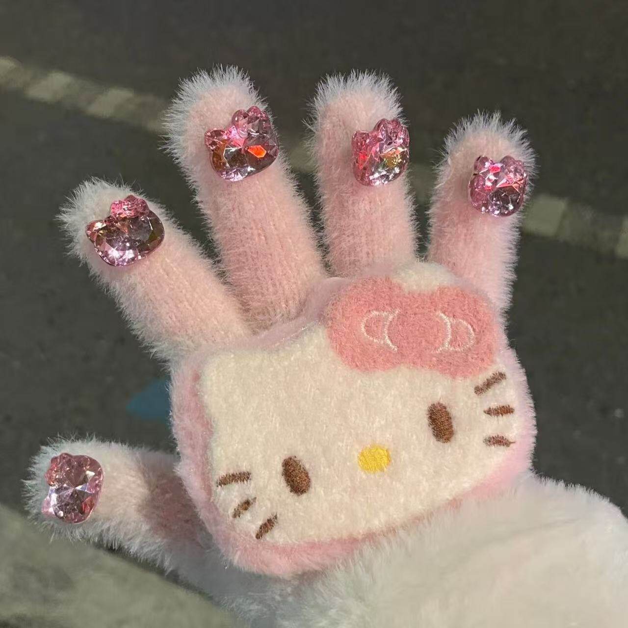 kt猫钻石毛线手套冬季女防冻