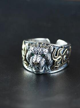 网红S925银复古做旧泰银跨境饰品银戒指赤焰纹银老虎男款戒