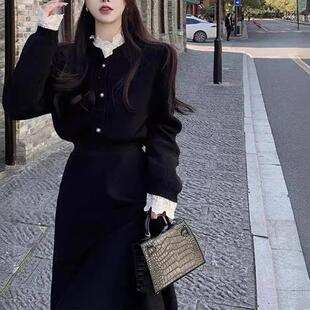 黑色蕾丝毛衣开衫女秋冬季赫本风套装连衣裙高腰针织半身裙两件套