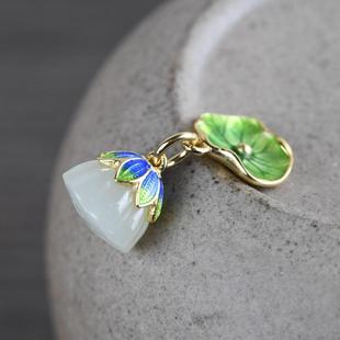 烧蓝和田玉莲蓬吊坠 网红 925银复古工艺 手工配件 时尚