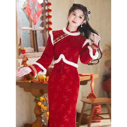 红色旗袍敬酒服订婚礼服新中式加绒冬季过年新年战袍拜年服小个子
