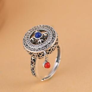 925纯银复古六字真言金刚杵转经转动可调节戒指指环女饰品 网红
