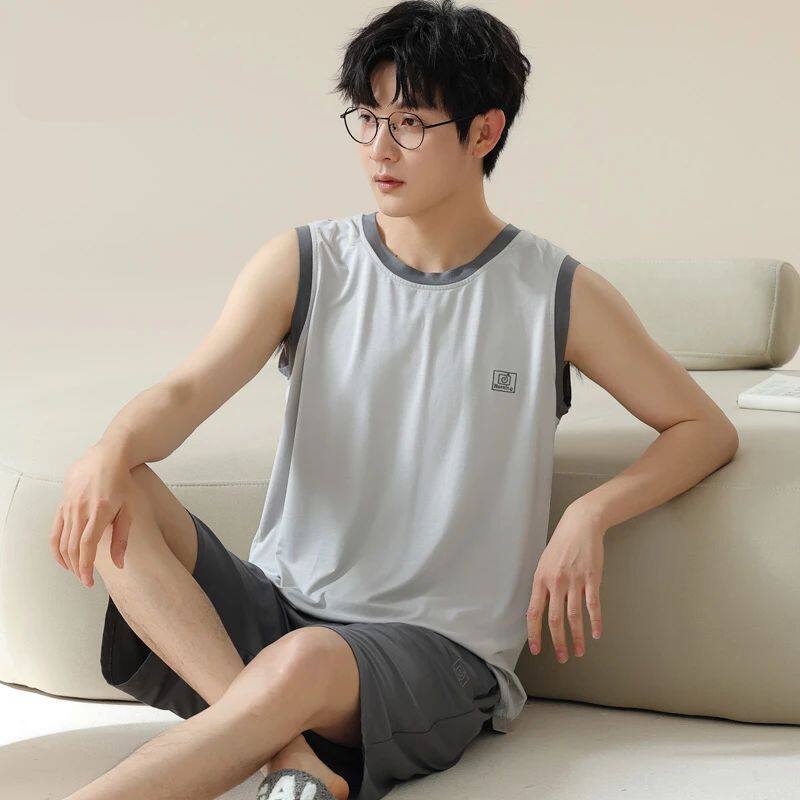 夏天莫代尔男士睡衣男款夏季冰丝宽松简约薄款背心短裤套装