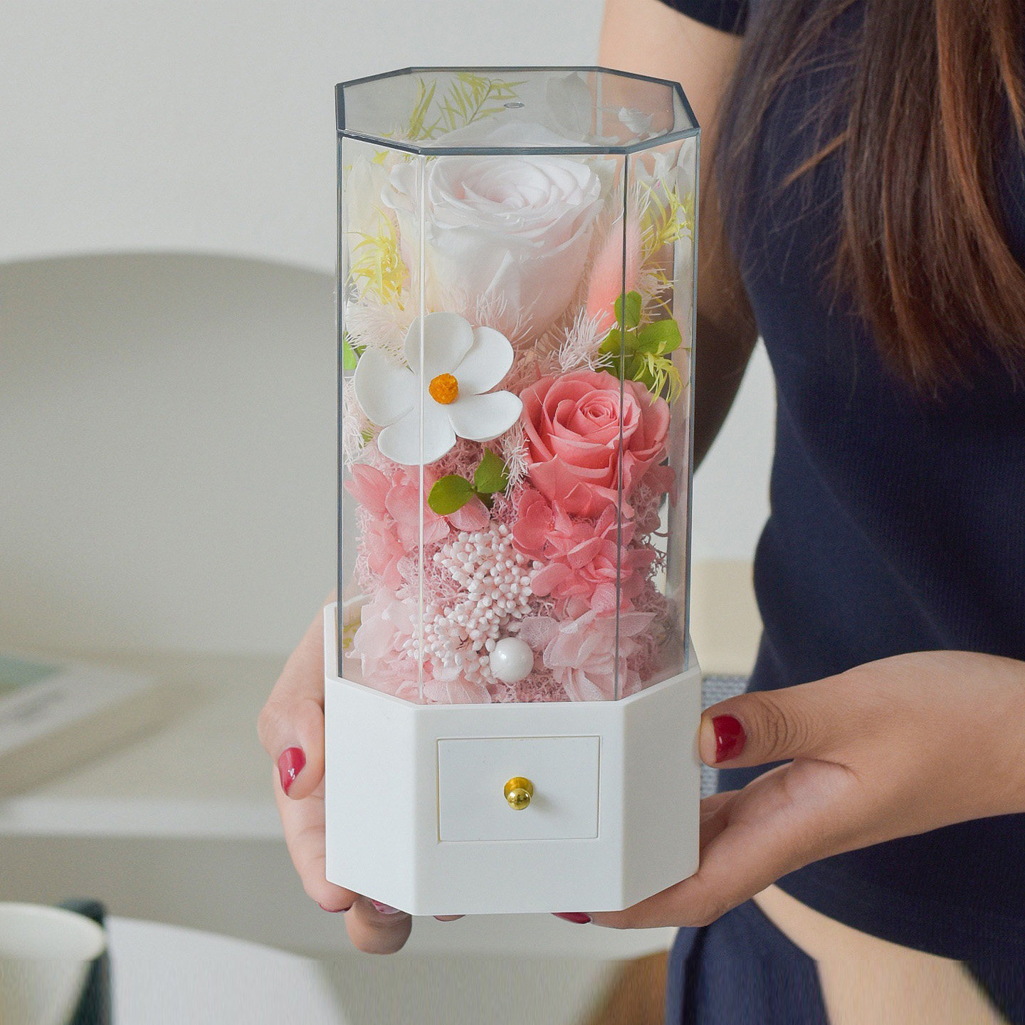 粉色玫瑰永生花礼盒透明亚克力音乐抽屉盒送女友闺蜜生日结婚礼物