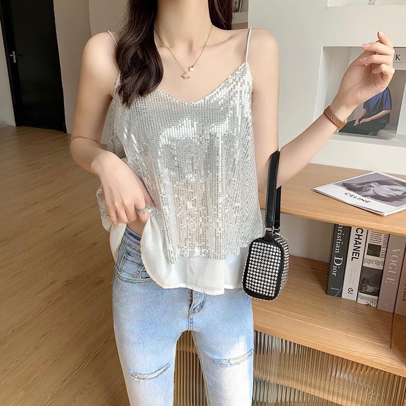 2025夏装新款性感闪闪亮片领吊带背心女短款宽松上衣打底衫女