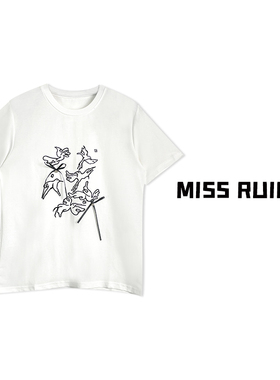 MISS RUILI定制 春季设计感立体蝴蝶小飞鸟刺绣短袖T恤女A6769