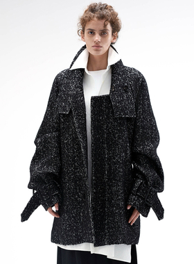 NO5INMODE女秋冬羊毛粗花呢编织羊毛复古风格绑带中大衣短外套