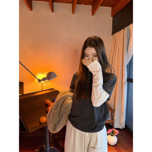 通勤撞色假两件宽松显瘦百搭打底衫 炽火火 T恤女新款 休闲长袖 美式