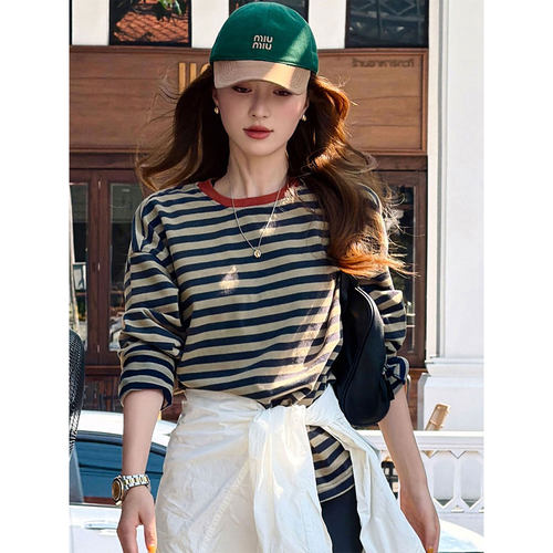 撞色红领条纹长袖t恤女新款