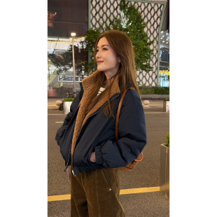 保暖短款 复古百搭藏蓝色冬季 上衣 羊羔毛翻领外套女新款 炽火火美式