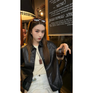 炽火火黑色亮面翻领羊毛革夹克女复古美式 外套 风宽松显瘦百搭短款