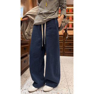 休闲裤 炽火火藏青色阔腿卫裤 时髦长裤 垂感宽松显瘦复古经典 女新款