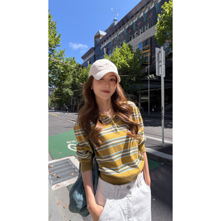 复古美式 女新款 风减龄显瘦通勤上衣 姜黄条纹polo领针织衫 炽火火