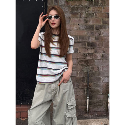 炽火火 复古撞色条纹短袖t恤女2026新款美式复古宽松显瘦百搭上衣