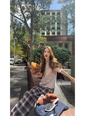 炽火火复古格纹抽绳阔腿裤女新款休闲慵懒风宽松显瘦百搭直筒长裤