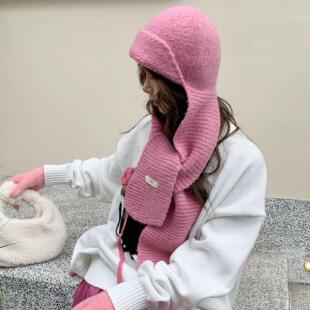 羊毛翻边宽檐盆帽纯色针织毛线帽子围巾一体帽冷帽保暖针织帽女冬