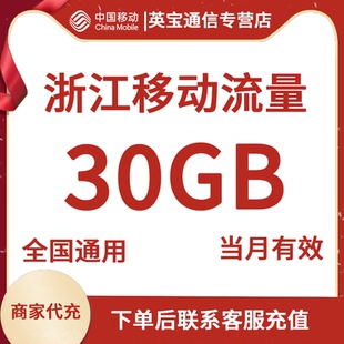 浙江移动流量充值30G月包国内通用流量 手机上网当月有效手动充值