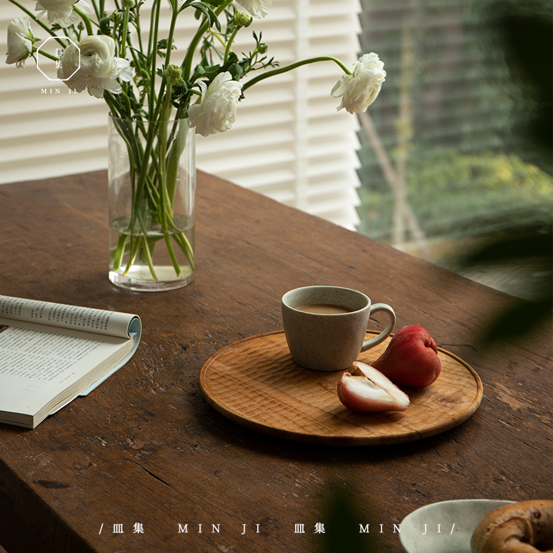 叕木皿集柚木水波纹圆盘餐盘