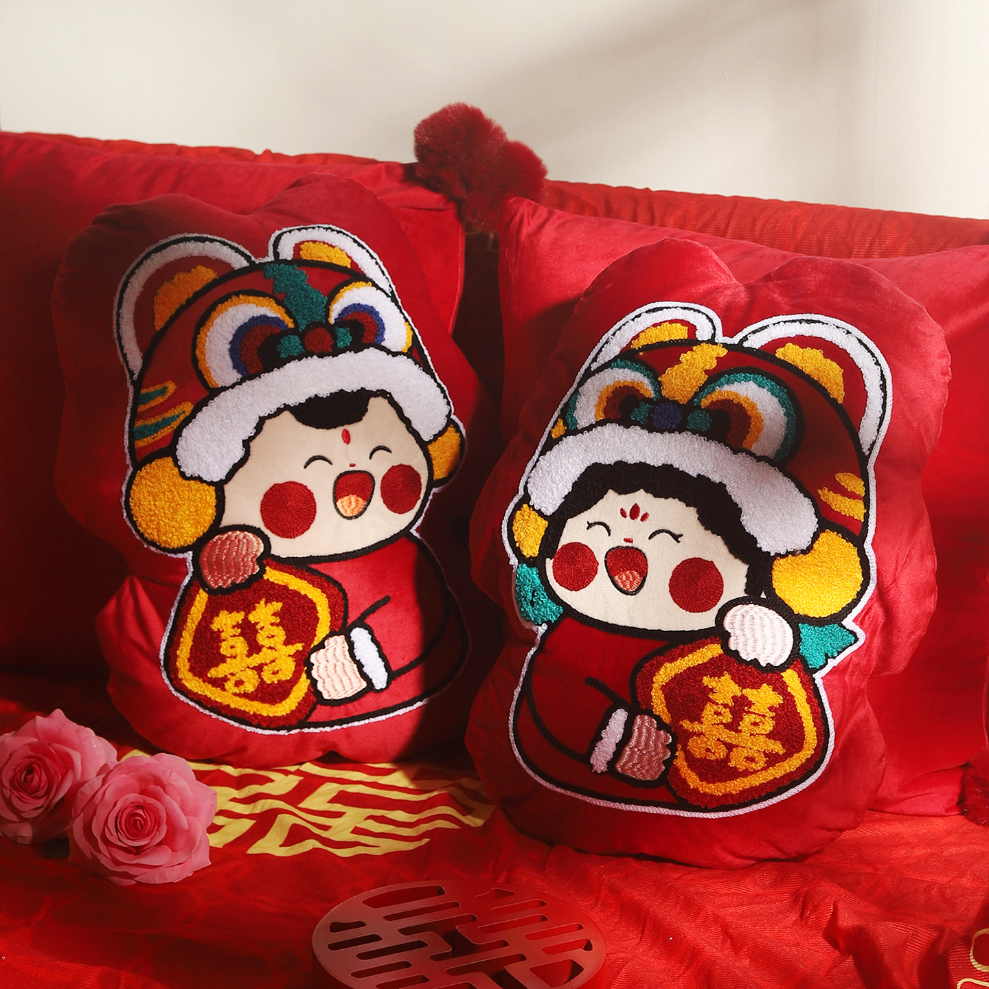 结婚陪嫁喜庆娃娃高档红色抱枕新婚婚庆公仔喜娃金童玉女压床娃娃