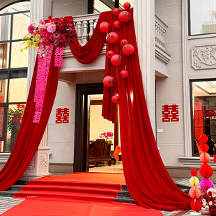 结婚喜庆别墅大门挂饰户外农村院子婚礼布置用品纱幔条幅拉花装饰