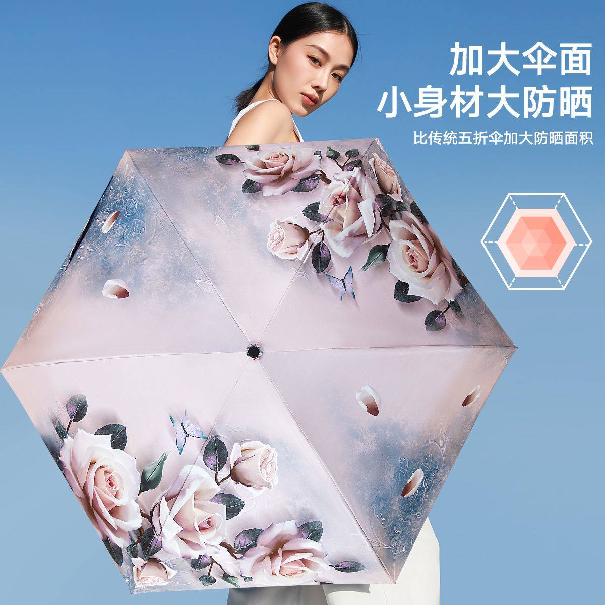 上海故事轻巧五折迷你便携遮阳伞黑胶防晒数码印花防紫外线太阳伞