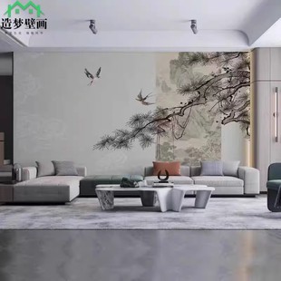 新中式酒店会所迎客松背景墙布客厅沙发茶室壁画办公大厅背景墙布