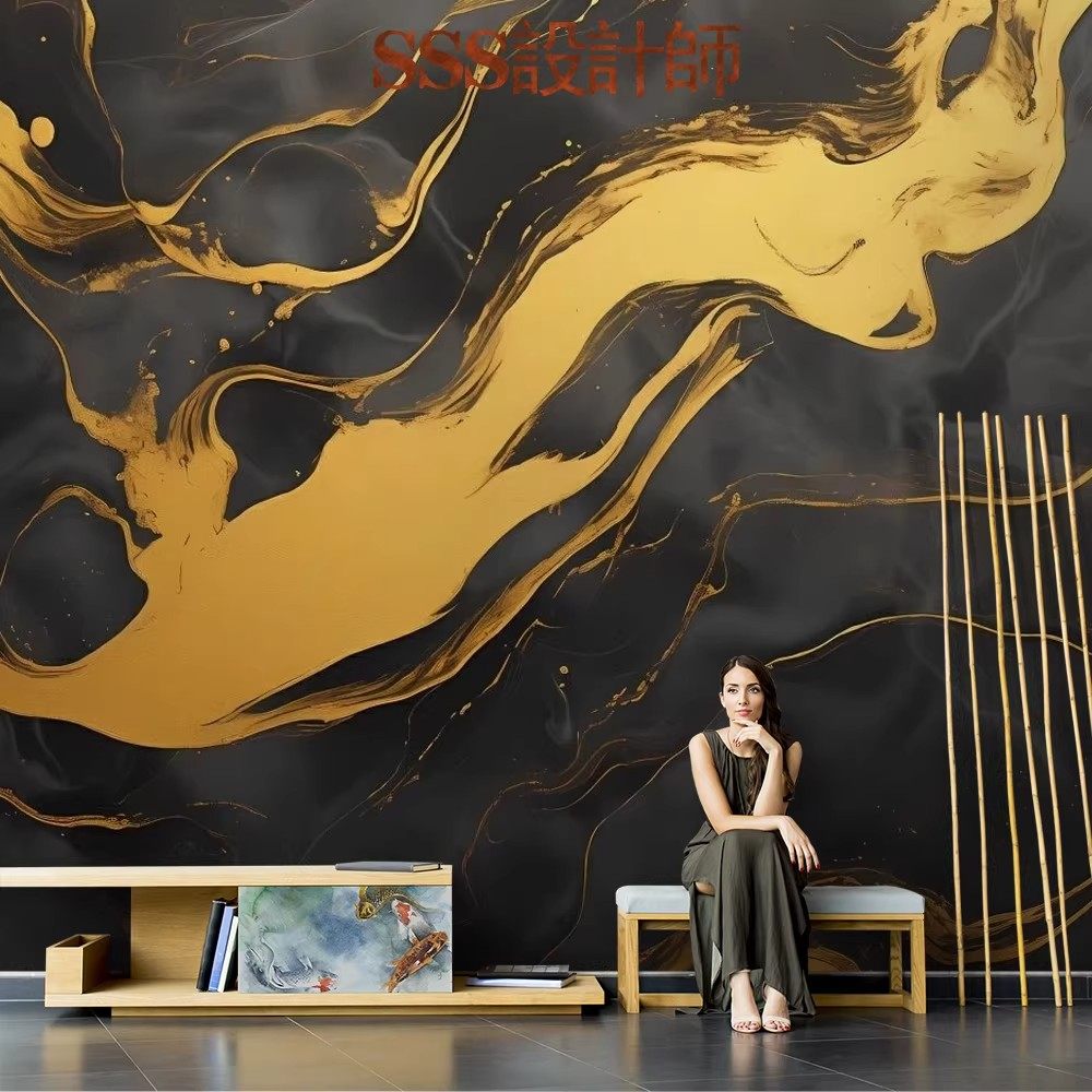 复古抽象高级感艺术墙布立体高端黑金色涂鸦壁纸背景墙纸定制壁画