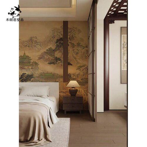 复古金箔山水中式背景墙定制壁画