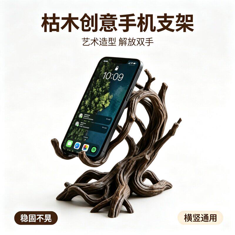 创意枯木造型手机支架仿实木3D打印艺术造型解放双手稳固横竖通用