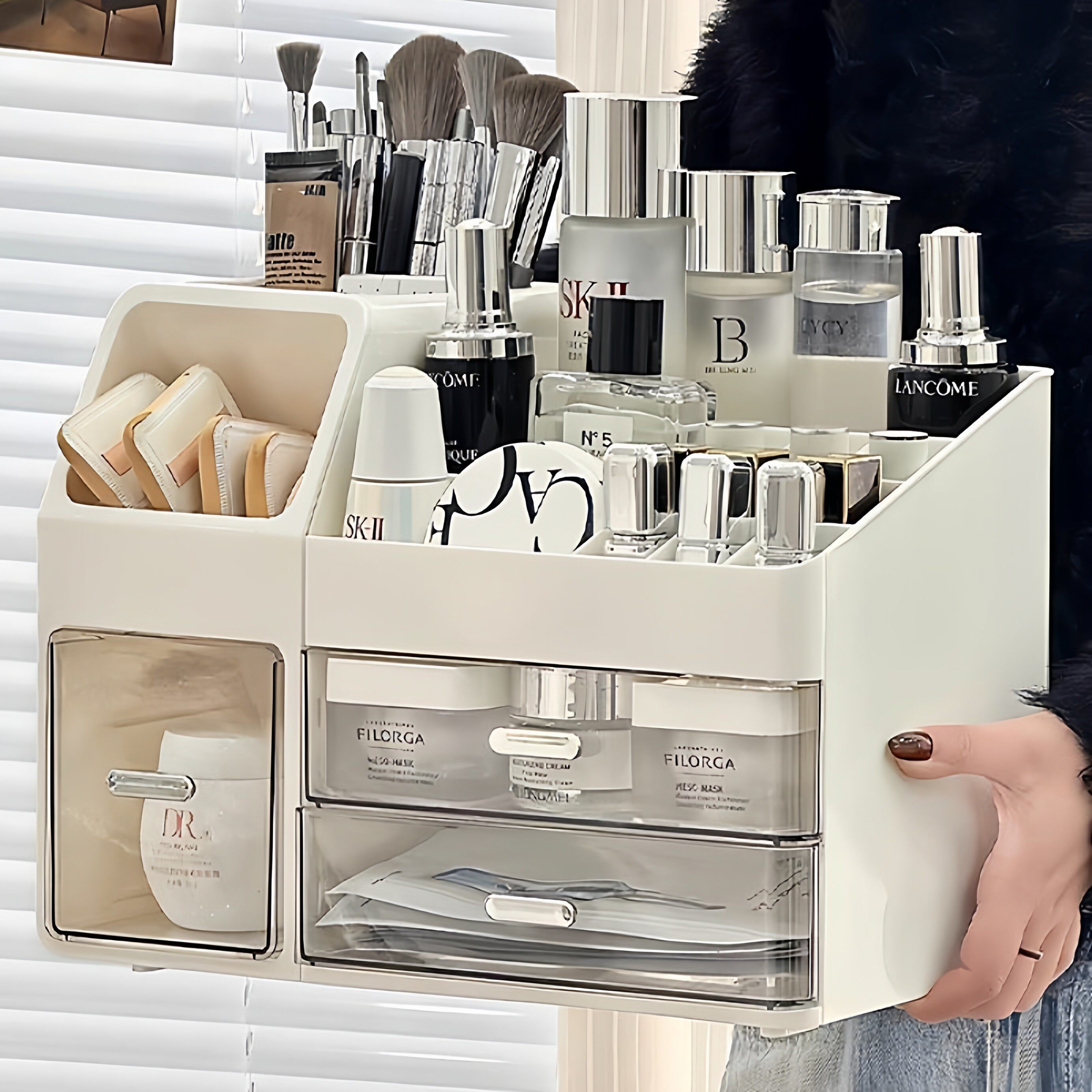 桌面化妆品收纳盒化妆刷高级感大容量口红整理盒护肤品香水置物架