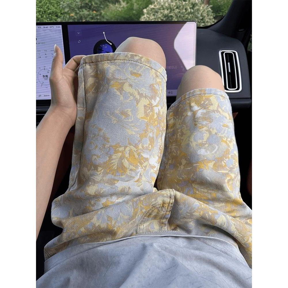 满印碎花运动短裤男夏季薄款宽松直筒休闲中裤潮牌美式阔腿五分裤