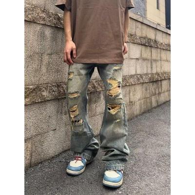 SWAG美式复古水洗做旧黄泥废土风破洞牛仔裤宽松小众高街直筒裤男