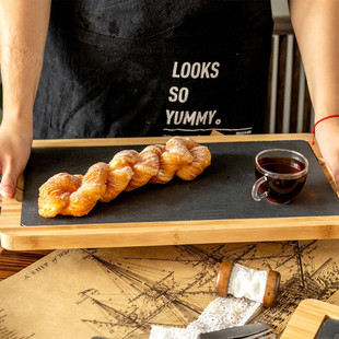 竹木石板盘牛排料理西餐盘木托黑石板隔热垫石头托盘保温板岩E18