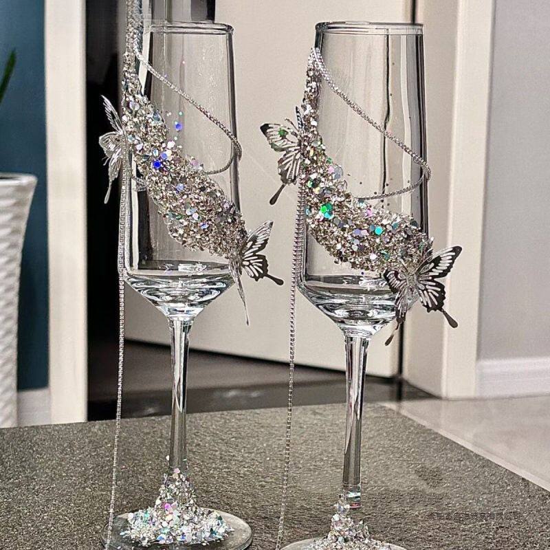 结婚敬酒杯高颜值钻石高脚杯新婚鸡尾酒香槟杯高级感酒杯蝴蝶
