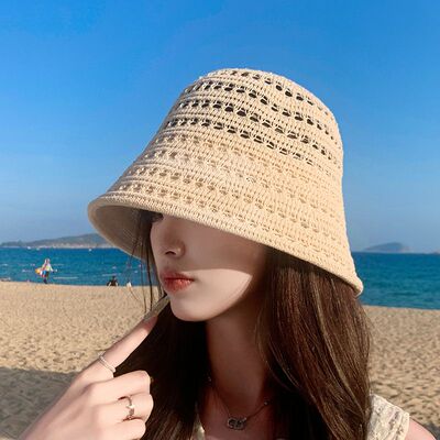 韩版夏季镂空草帽透气显脸小针织渔夫帽女度假海边沙滩休闲太阳帽
