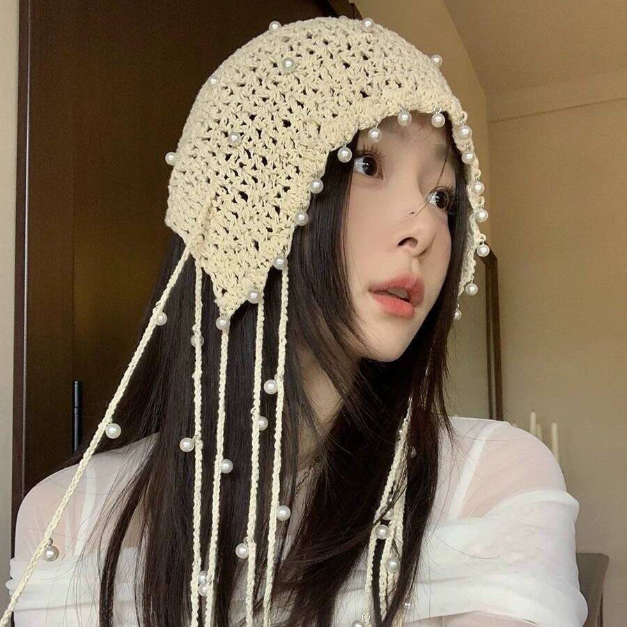 波西米亚民族风~珍珠吊坠流苏手工包头帽女春夏复古镂空针织帽