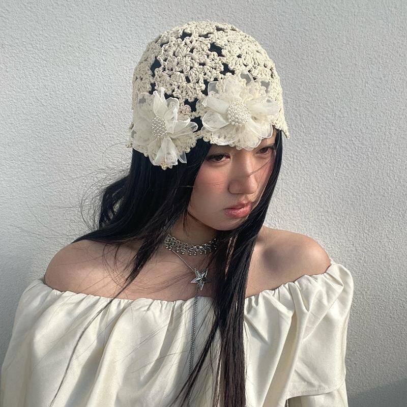 早春薄款镂空帽女帽优雅文艺花朵毛线帽可爱织帽小众设计套头帽女