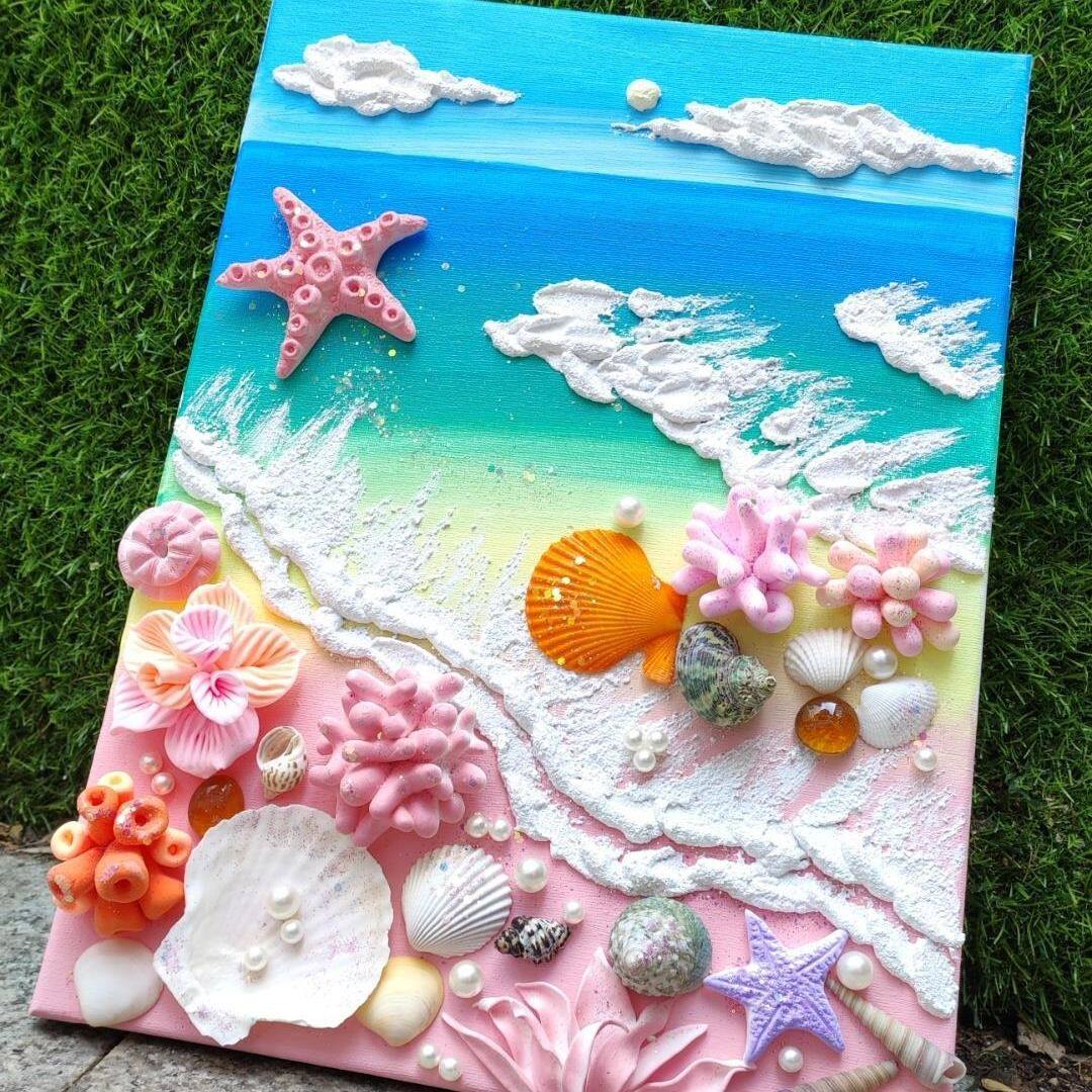 珍珠贝壳肌理画diy材料包 填充大海海洋丙烯团建儿童挂画
