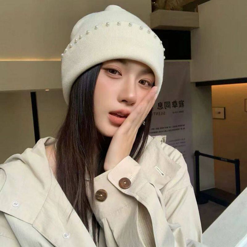 韩版百搭珍珠针织帽女小众设计简约显脸小毛线帽秋冬保暖护耳冷帽