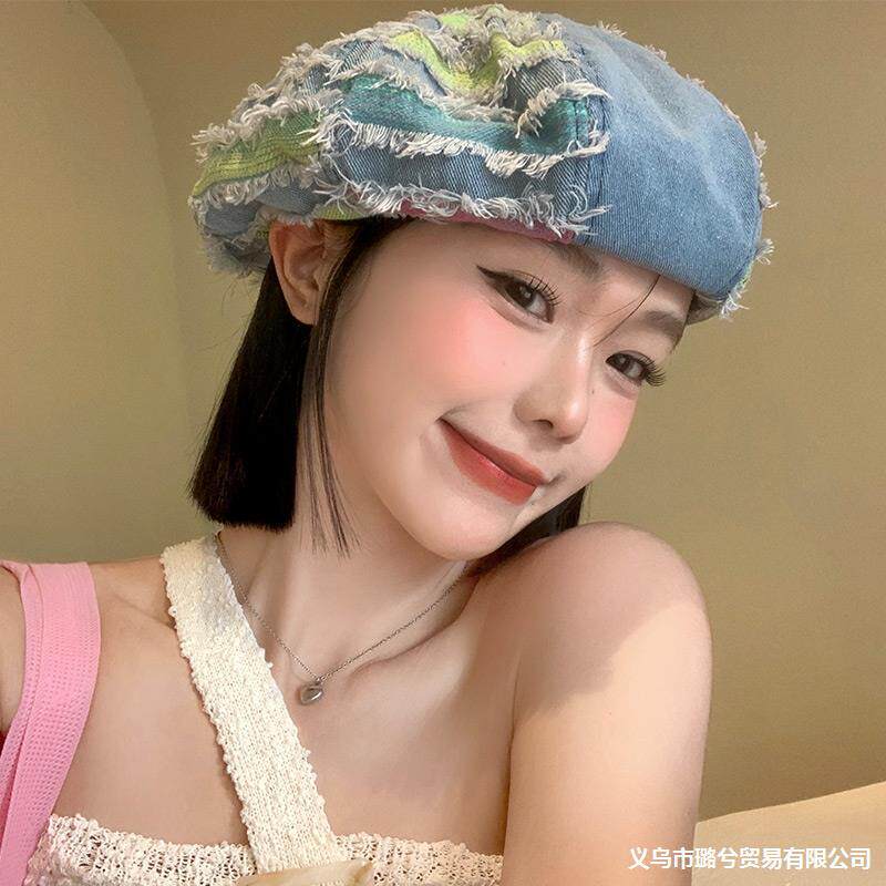 韩版蓝色贴布贝雷帽女水洗牛仔蓓蕾帽百搭显脸小做旧八角帽潮春夏