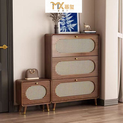 实木超薄仿藤编翻斗鞋柜入户门口楼梯口鞋柜中古风复古中式鞋柜