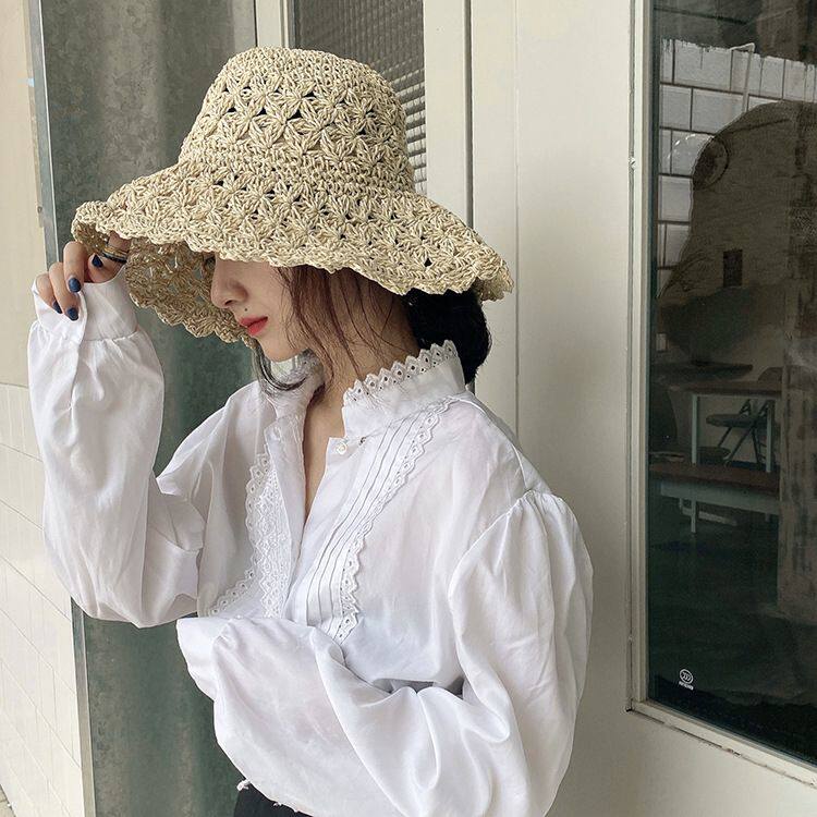 日系花边镂空手工编织大檐草帽百搭遮阳度假沙滩防晒淑女太阳帽女