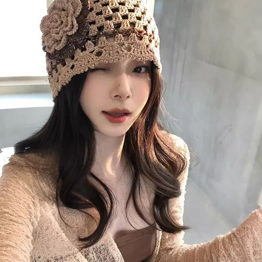 韩国手工编织立体花朵针织帽女2025新款高级感百搭包头帽堆堆帽
